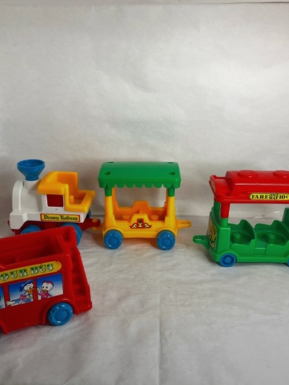 Vintage Disney Railway Train wtih Engine, 2 RailCars, and Bus/ 90s Disney Train